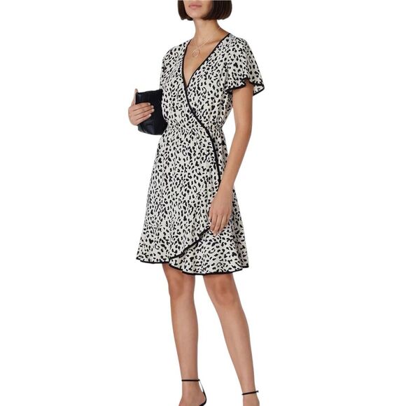 Slate & Willow Black Leopard Print Piping Faux Wrap Dress XS - Picture 1 of 5